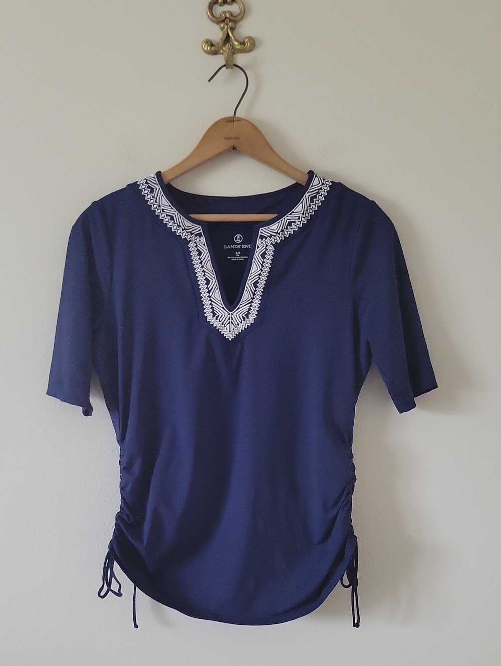 Lands' End Navy Embroidered Adjustable Tunic Swim Rash Guard Top Size Small